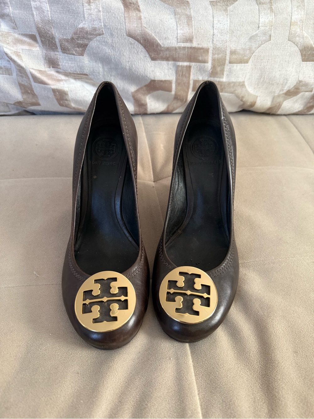 Tory Burch Dark Brown Leather Heels with Gold Logo Medallion